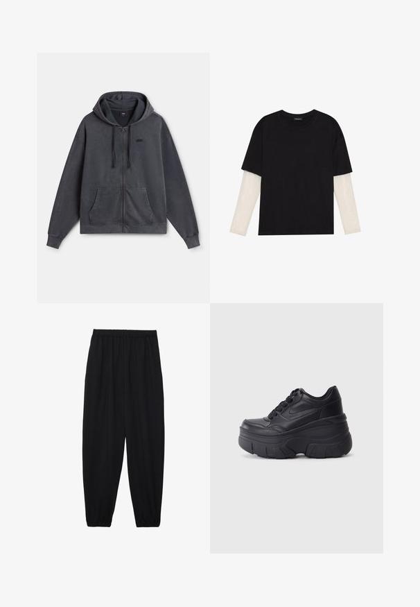 Sudadera con cremallera de color gris oscuro, fabricada en una mezcla de algodón, que presenta una capucha, bolsillos frontales y puños acanalados. Pequeño logo en el lado izquierdo del pecho.; Camiseta negra de algodón, con mangas cortas sobre una capa blanca de manga larga con un patrón texturizado sutil. Diseño de escote redondeado.; Pantalones negros, ligeros, con cintura elástica y tobillos fruncidos. La tela es suave y presenta un diseño relajado y ajustado.; Zapatillas negras con cordones y suela gruesa, con parte superior de cuero suave, punta redondeada y un diseño de plataforma en capas distintivo.