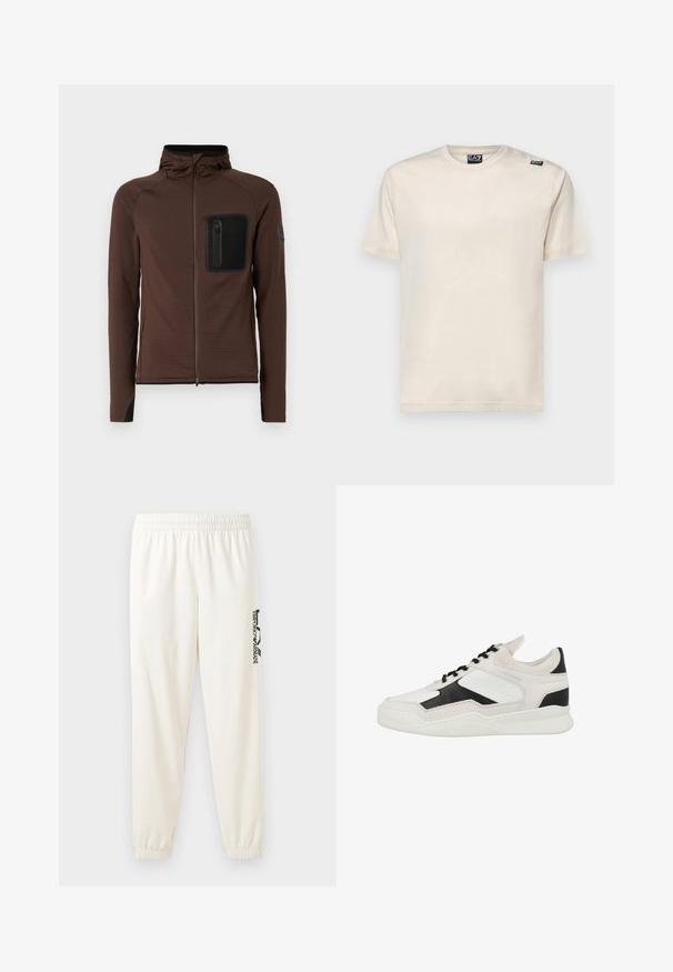 Giacca marrone con zip in tessuto testurizzato, design aderente, cappuccio e una tasca in rete nera sul lato sinistro del petto. Presenta dettagli neri.; T-shirt a maniche corte in cotone off-white, con colletto a girocollo e una piccola etichetta nera sul lato sinistro della spalla. Texture liscia.; Pantaloni sportivi beige chiaro con elastico in vita e polsini elasticizzati. Presenta un logo stampato nero sulla gamba sinistra. Tessuto morbido.; Sneaker bianchi e neri realizzati in pelle e suede, con design perforato, chiusura con lacci e suola bianca testurizzata.