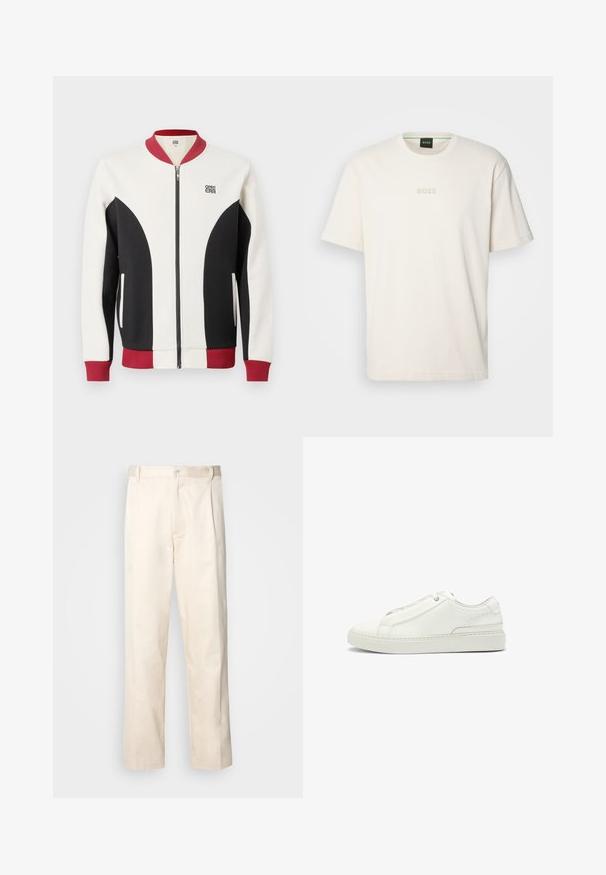 Zip-up bomber jacket with a blend of cream, black, and maroon colors. Features a ribbed collar, contrasting panels, and a logo on the chest.; BOSS TEE - Basic T-shirt - open white; Beige cotton trousers with a straight-leg cut, featuring a button closure and pleats at the front for added detail.; White leather sneaker featuring a textured upper, a round toe, minimalistic design, and a rubber sole with stitched detailing.