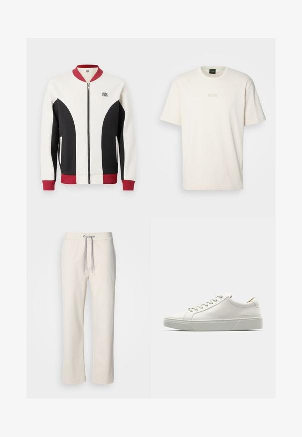 Bomber bunda na zip s kombinací krémové, černé a bordó barvy. Má žebrovaný límec, kontrastní panely a logo na hrudi.; BOSS TEE - Jednoduché tričko - open white; Krémové volné kalhoty s elastickým pasem a rovnými nohavicemi, vystavené na jednobarevném bílém pozadí.; Bílé kožené tenisky s kulatou špičkou, minimalistickým designem, šedými tkaničkami a strukturovanou šedou gumovou podrážkou. Viditelné jemné prošívání.