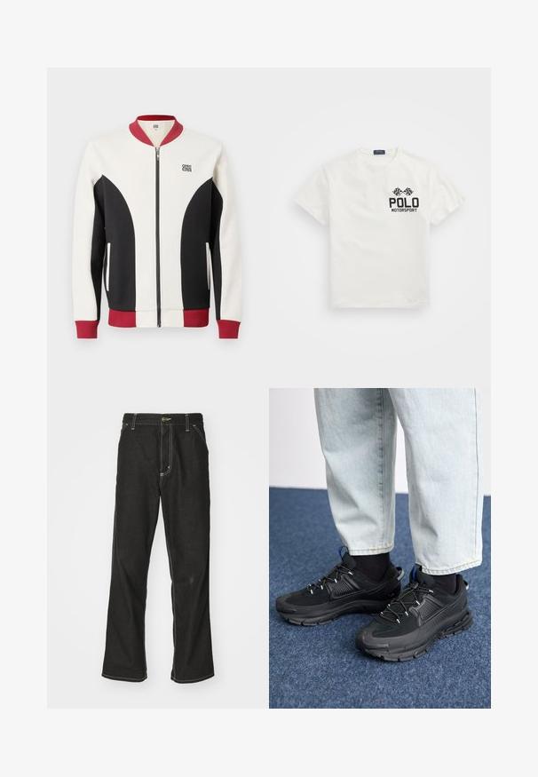 Bomberjacke mit Reißverschluss in einer Mischung aus Creme-, Schwarz- und Burgunderfarben. Verfügt über einen gerippten Kragen, kontrastierende Einsätze und ein Logo auf der Brust.; Weißes Baumwoll-T-Shirt mit Rundhalsausschnitt, das auf der linken Brust ein schwarzes "Polo Motorsport"-Logo und gekreuzte Zielflaggen zeigt.; Schwarze Denim-Jeans mit lockerer Passform, kontrastierenden weißen Nähten, einem Knopfverschluss und geradem Bein.; Schwarze Sportschuhe aus strukturiertem Stoff mit Gummisohlen, ausgestattet mit elastischen Schnürsenkeln und einem blauen Akzent an der Ferse. Getragen mit hellen Jeans.