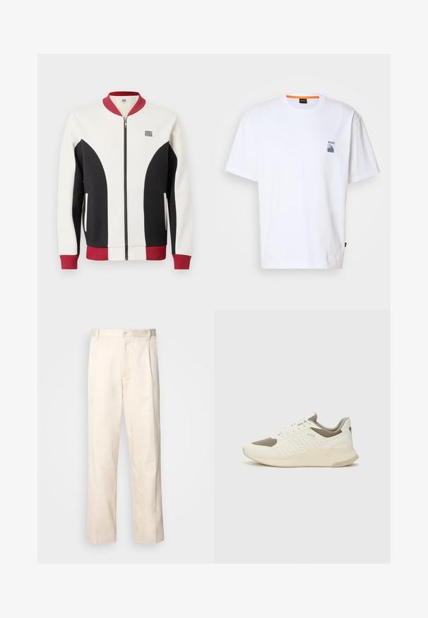 Zip-up bomberjakke med en blanding av krem, svart og burgunderfarger. Har ribbet krage, kontrasterende paneler og en logo på brystet.; Hvit bomulls T-skjorte med en liten blå logo og grafisk design på venstre bryst; løs passform med en klassisk rund hals.; Beige bomullsbukser med rett benfatt, med knappelukking og folder foran for ekstra detaljer.; Hvit og lysebeige treningssko, med en mesh-overdel, perforerte detaljer og en teksturert mellomsåle med merkevare på hælen.