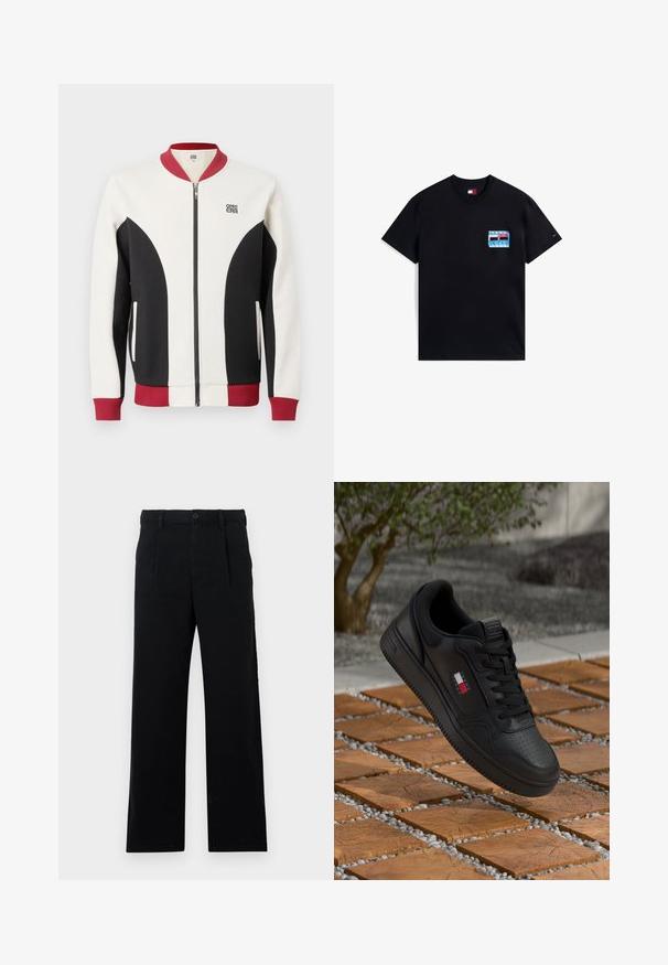 Zip-up bomberjakke med en blanding av krem, svart og burgunderfarger. Har ribbet krage, kontrasterende paneler og en logo på brystet.; Svart bomullst-skjorte med korte ermer, med en flerfarget grafisk logo på venstre brystlomme og merkebadge på ermet.; Sorte skreddersydde bukser laget av bomull; har flat front, synlige sømmer, og rett benkutt. Knapplukking i midjen.; Sorte skinnesneaker med perforert tåhette og teksturerte detaljer. Har en liten logo i rødt, hvitt og blått på siden.