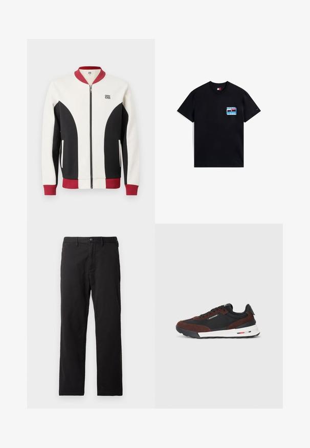 Bomber bunda na zip s kombinací krémové, černé a bordó barvy. Má žebrovaný límec, kontrastní panely a logo na hrudi.; Černé bavlněné tričko s krátkým rukávem, které má na levém prsu barevné grafické logo a štítek značky na rukávu.; Černé kalhoty vyrobené z bavlny, s hladkou texturou, rovnými nohavicemi a předním zapínáním na knoflík s poutky na pásek.; Tommy Hilfiger RETRO RUNNER MIX - Tenisky - black/cocoa