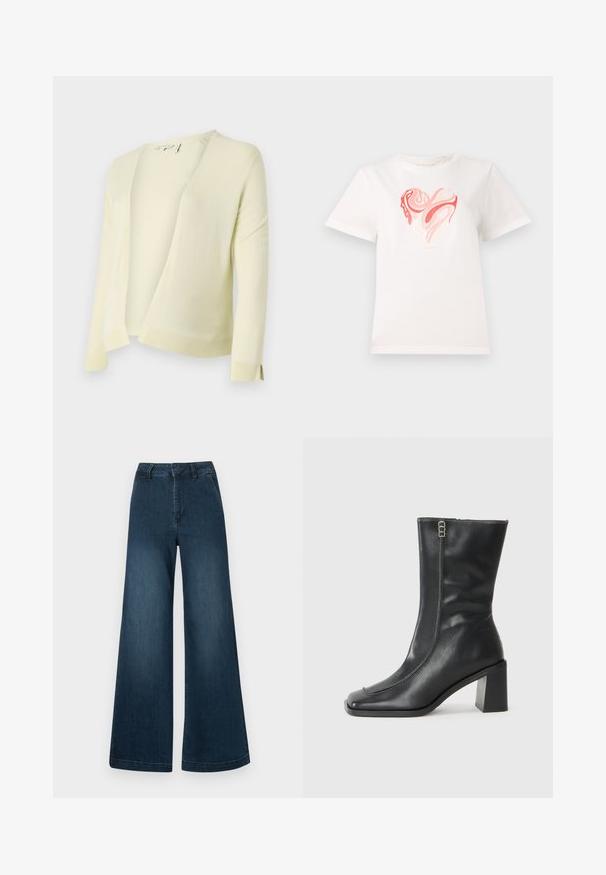 Cardigan tricoté jaune clair avec un décolleté en V, une ouverture sur le devant et des manches longues. Présente un ourlet et des poignets côtelés pour une texture supplémentaire. Matière douce.; T-shirt en coton blanc avec un graphique en forme de cœur dans des nuances de rose et de corail, avec des motifs abstraits tourbillonnants au centre. Manches courtes, col rond.; Jean en denim bleu foncé, taille haute et jambes larges, avec poches avant et passants de ceinture sur fond blanc.; Bottine en cuir noir avec un bout carré, fermeture éclair sur le côté et un talon épais et carré. Présente des coutures contrastées le long de la couture avant.
