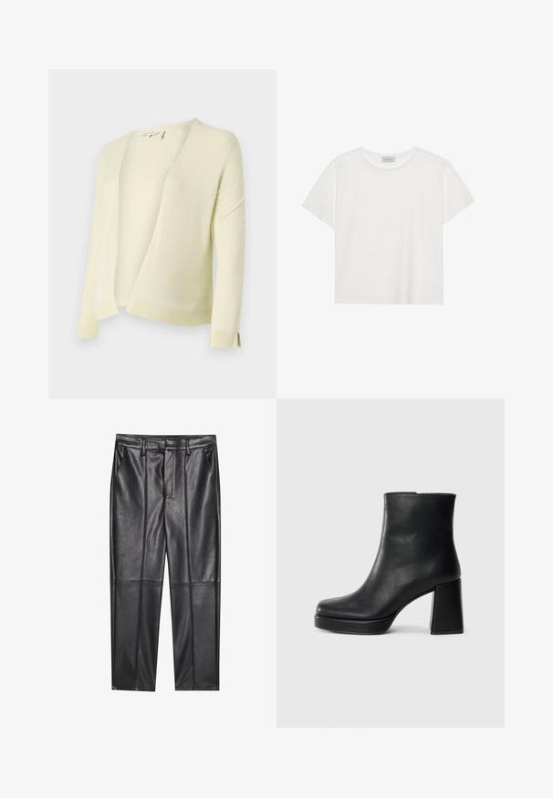 Lichtgele gebreide cardigan met een V-hals, open voorkant en lange mouwen. Heeft ribgebreide boord en manchetten voor extra textuur. Zacht materiaal.; Witte T-shirt met korte mouwen, gemaakt van zachte katoen. Heeft een ronde halslijn en een relaxte pasvorm. Schoon ontwerp zonder zichtbare patronen of accenten.; Zwarte leren broeken met een gladde textuur, voorzien van een rechte pasvorm, twee voorzakken en zichtbare naaddetail.; Zwarte leren enkelboot met een blokhak en platformzool, zijaanzicht op een effen witte achtergrond.