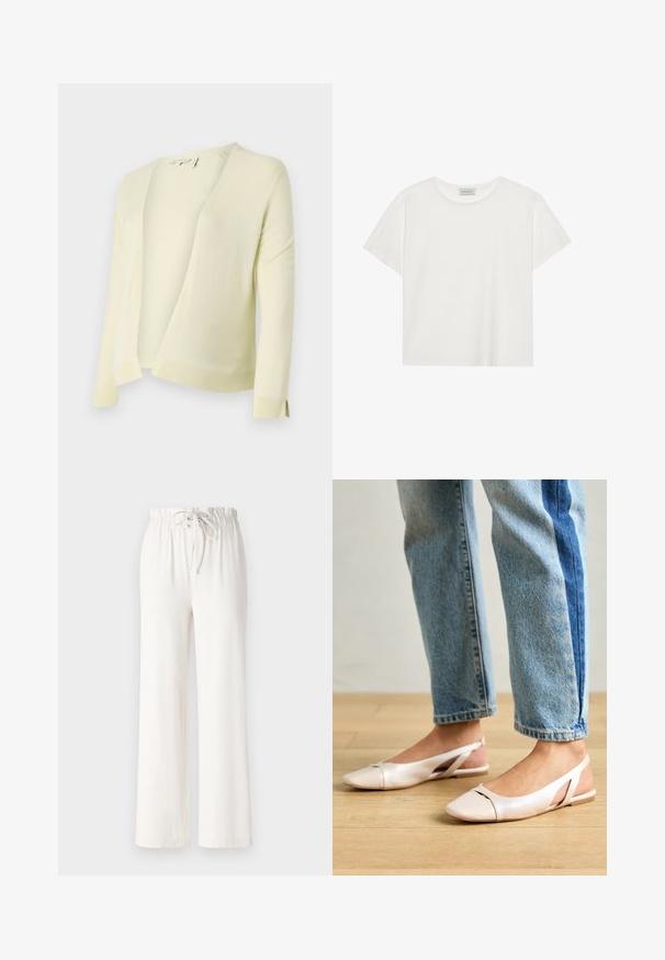 Lys gul strikket cardigan med V-hals, åben front og lange ærmer. Har ribbestrikket kant og manchetter for ekstra tekstur. Blødt materiale.; Hvid kortærmet T-shirt lavet af blødt bomuld. Har en rund halsudskæring og en afslappet pasform. Rent design uden synlige mønstre eller accenter.; Hvide brede bukser lavet af blødt stof, med snoreliv og glat tekstur. Ingen mønstre eller pynt synlige.; Lyserøde slingback flade sko med spidse tær, lavet af et glat læderlignende materiale. Har udskæringsdetaljer på siderne og en flad hæl.
