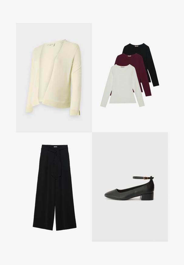 Light yellow knit cardigan with a V-neck, open front, and long sleeves. Features ribbed hem and cuffs for added texture. Soft material.; Long-sleeve t-shirts in white, burgundy, and black. Made of soft fabric with a round neckline and fitted design. Suitable for layering.; Black wide-leg pants featuring a textured fabric, an elastic waistband, and a detachable sash tie at the waist for adjustable fit.; Black leather pump with a pointed toe and a low block heel. Features an ankle strap with a gold-tone buckle. Smooth texture.