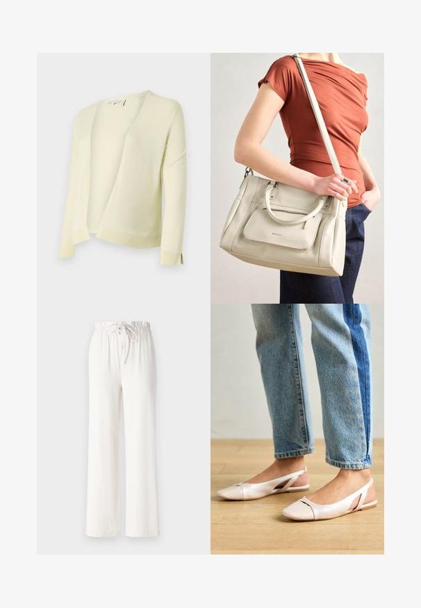 Gaiši dzeltena adīta kardigāna jakas ar V veida kaklu, atvērtu priekšpusi un garām piedurknēm. Iezīmēts ar ribotiem apakšmaliem un piedurknēm, pievienojot tekstūru. Mīksts materiāls.; Balta kokvilnas T-kreklu ar caurredzošām, izšūtām puff piedurknēm. Klasisks apaļas kakla dizains ar brīvu piegriezumu. Vienkārša un mūsdienīga estētika.; Baltas platās bikses, izgatavotas no mīkstas auduma, ar punktu jostas vietā un gludu tekstūru. Nav redzami raksti vai rotājumi.; Bālti rozā siksniņu dzīvokļi ar smailu purngalu, izgatavoti no gludas ādas līdzīgās materiāla. Iezīmē izgriezumu detaļas sānos un platu papēdi.; Balta ādas rokas soma ar diviem rokturiem un noņemamu siksnu, ar priekšējo rāvējslēdzēja kabatu un gludu tekstūru. Cilvēka rokā.