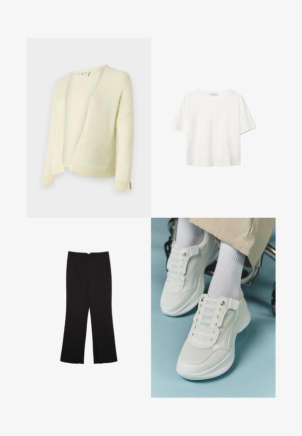 Lys gul strikket cardigan med V-hals, åben front og lange ærmer. Har ribbestrikket kant og manchetter for ekstra tekstur. Blødt materiale.; Hvid kortærmet t-shirt lavet af bomuld. Har en rund halsudskæring og en afslappet pasform. Glat tekstur uden synlige mønstre eller detaljer.; Sorte bukser med lige pasform, der har frontlommer og slidser i kanten. Lavet af blødt, glat stof. Velegnet til forskellige anledninger.; Hvide sneakers med mesh-materiale, gummisål, snørebåndsfri design med elastiske bånd og guldtonede accenter.