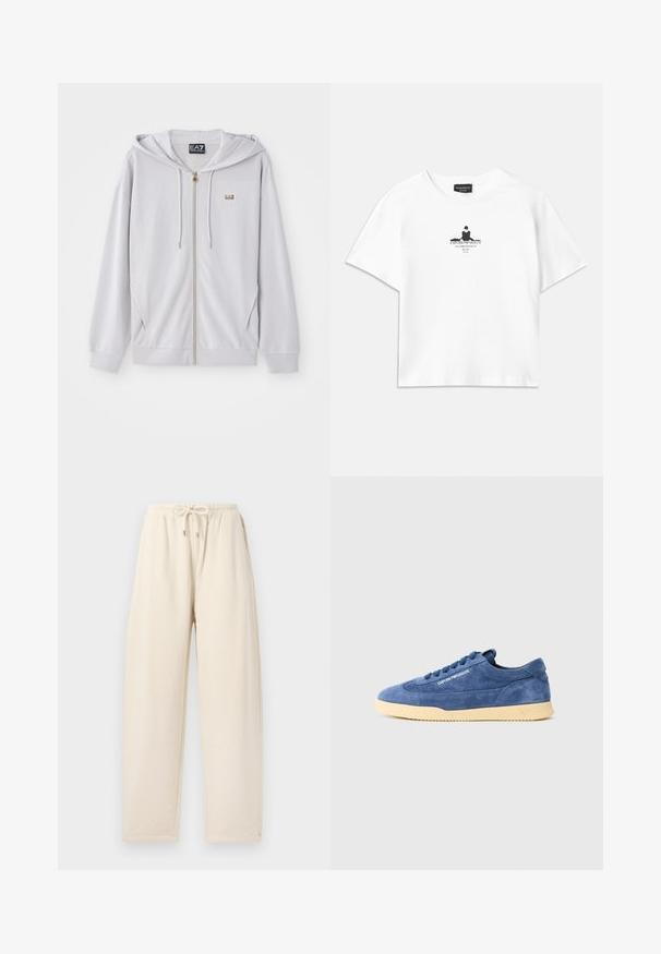Sweatshirt zíper cinza-claro feito de um tecido suave, com capuz, zíper dourado e um pequeno logo no peito. Textura lisa e corte descontraído.; Camiseta branca de algodão com um corte solto, apresentando uma impressão gráfica preta no centro que inclui texto e um design de silhueta.; Calças de fato de treino de cor creme, feitas de um tecido suave, com cintura elástica ajustável, corte largo e bolsos laterais.; Sapatilha baixa em camurça azul com sola creme, atacadores e logotipo "EMPORIO ARMANI" na lateral, fotografada sobre um fundo branco simples.