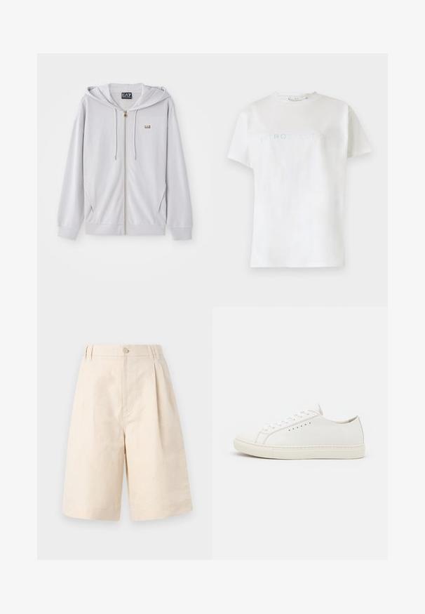 Heledhalli, pehmeast kangast, tõmblukuga kapuutsiga jakk, millel on kuldne tõmblukk ja väike logo rinnal. Sile tekstuur ja mugav lõige.; Valge puuvillane t-särk lühikeste varrukatega ja ümarate kaelustega, mille rinnaosas on hele sinine tekst sõnaga "INTROSPECTION".; Beezid linane lühikesed püksid, millel on mugav lõige, nupuga sulgemine, volditud disain ja kuni põlve ulatuv lõige. Sile tekstuur ja lihtne stiil.; Valge nahast spordijalatsid, millel on sile tekstuur, ümmargune nina, minimaalsed aukude grupid ja lame kummipõhi. Lihtne disain, millel puuduvad täiendavad aktsendid.