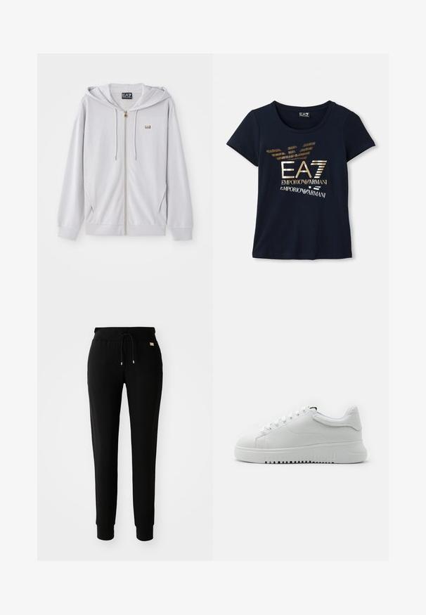 Sweatshirt zíper cinza-claro feito de um tecido suave, com capuz, zíper dourado e um pequeno logo no peito. Textura lisa e corte descontraído.; Camiseta de manga curta azul marinho feita de algodão, apresentando um logótipo gráfico dourado metálico com texto e elementos estilizados de asa de águia.; Calças de sweat preto ajustadas com cordão na cintura e pernas com punho, expostas sobre um fundo branco liso.; Sapatilhas brancas com um upper de couro texturizado, bico arredondado e design de atacadores. Sola grossa de borracha branca com padrão de aderência texturizado.