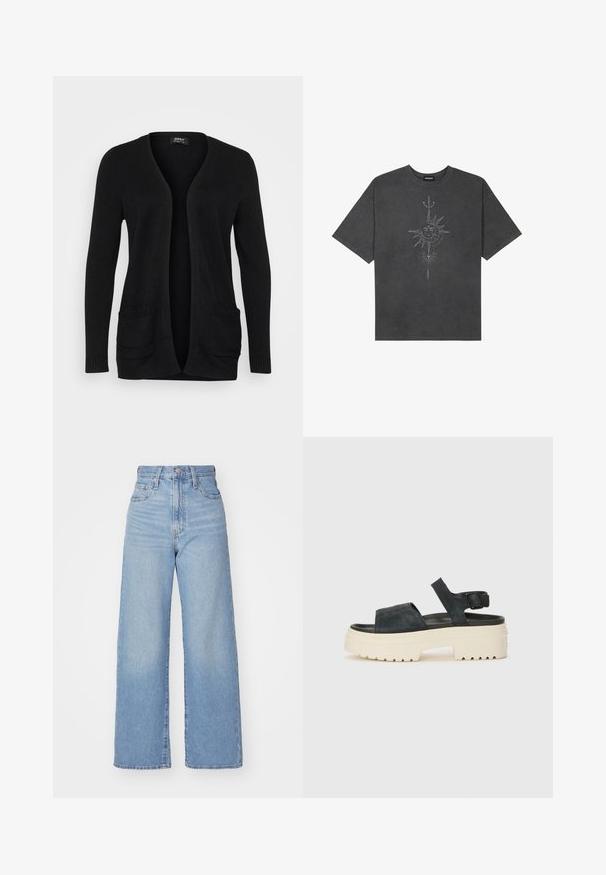 Cardigã preto com decote em V, abertura à frente, mangas longas e dois bolsos frontais com detalhes em canelado. Feito de material de malha suave.; T-shirt oversized cinza escuro feito de algodão, apresentando um gráfico central do sol com detalhes de linhas intrincadas impressos na frente.; Jeans de cintura alta e perna larga em azul claro, com fecho frontal de botão e zíper, bolsos frontais e traseiros, sobre um fundo branco.; Sandálias de plataforma em camurça preta com uma sola branca e grossa, tiras frontais largas e fivela ajustável no tornozelo. Sola texturizada para melhor aderência.