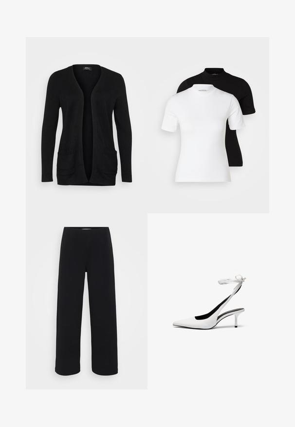 Cárdigan negro con escote en V, de frente abierto, mangas largas y dos bolsillos frontales con acentos de canalé. Fabricado en suave material de punto.; Even&Odd Petite 2 PACK - Camiseta básica - white/black; Pantalones negros de pierna ancha con una cintura elástica. Fabricados con un material texturizado, presentan un corte suelto y recto desde las caderas hasta el dobladillo.; Zapatos de tacón de punta blanca con tiras traseras delgadas. Material de cuero suave, tacón de aguja delgado y un forro interior negro.