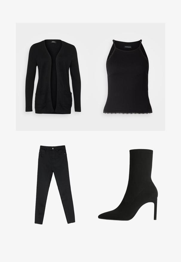 Sort cardigan med V-udskæring, åben front, lange ærmer og to forlommer med ribbede detaljer. Fremstillet af blødt strikmateriale.; Sort ribbet tanktop med bølget blondekant forneden. Har tynde stropper og en tætsiddende pasform. Fremstillet af strækbart materiale.; Sorte skinny jeans lavet af denim, med høj talje, fem-lomme design og rå kant ved anklerne. Klassisk knap- og lynlåslukning.; Sort ankelstøvle fremstillet af blødt suede, med spids tå og høj stilettohæl. Minimalistisk design uden synligt hardware eller mønstre.