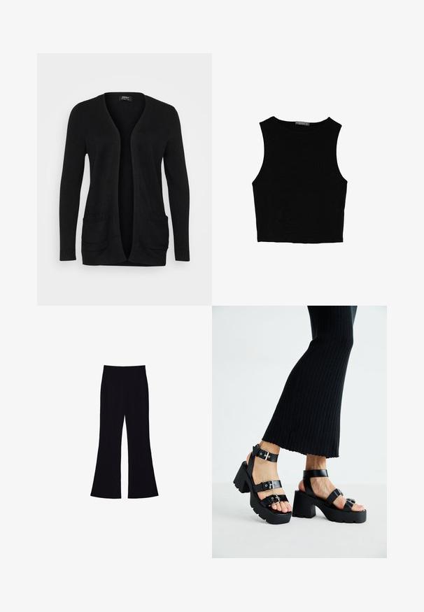 Mustan neuletakin V-pääntie, avoin etuosa, pitkät hihat ja kaksi etutaskua ribbireunuksilla. Valmistettu pehmeästä neuloksesta.; Musta hihaton crop-top, joka on valmistettu sileästä kankaasta, jossa on pyöreä kaula-aukko ja siisti, yksinkertainen muotoilu ilman kuvioita tai varusteita.; Mustat leveälahkeiset housut, joissa on korkea vyötärö ja ei näkyviä taskuja tai nappia, esiteltynä valkoista taustaa vasten.; Mustat alustossut, joissa on paksut, uritetut pohjat ja useita hihnoja, varustettuna metallisilla soljilla ja sileällä nahkamaisten materiaalien pinnalla.