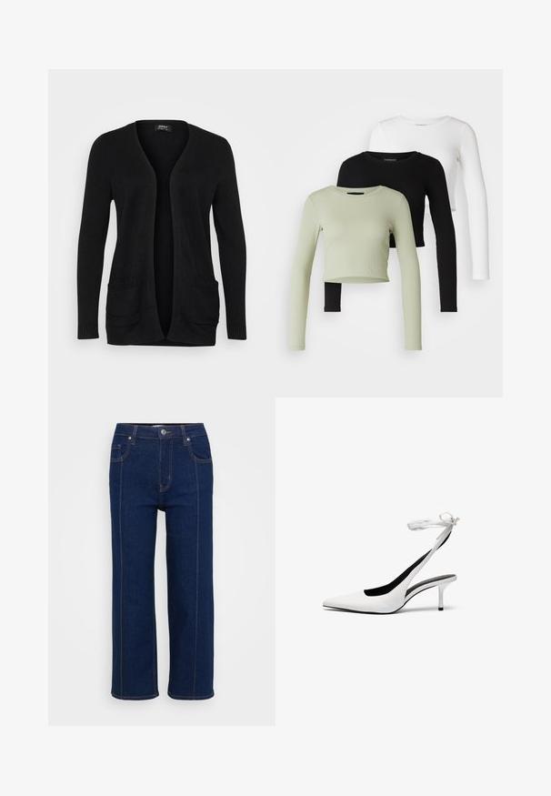 Sort cardigan med V-udskæring, åben front, lange ærmer og to forlommer med ribbede detaljer. Fremstillet af blødt strikmateriale.; Even&Odd Petite 3 PACK - Langærmet T-shirt - black/white/light green; Mørkeblå lige ben jeans med knaplukning, for- og baglommer samt synlig orange syning langs sømmene.; Hvide spidse slingback hæle med en tynd ankelrem. Glat lædermateriale, tynd stilethæl og en sort inderside.