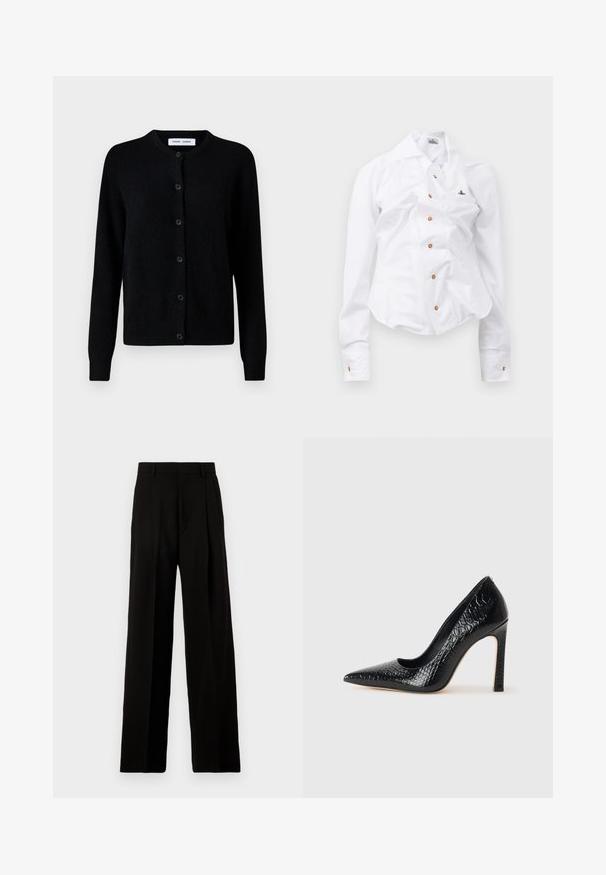 Černý pletený kardigan s kulatým výstřihem, předním zapínáním na knoflíky, dlouhými rukávy, žebrovanými manžetami a lemem, vyrobený z měkké vlněné tkaniny.; Bílá košile s dlouhým rukávem a přiléhavým střihem. Má velký límec, přední zapínání na knoflíky s hnědými knoflíky a malé vyšívané logo.; Černé široké kalhoty vyrobené z hladkého materiálu, s vysokým pasem, předními plisovanými detaily a čistým, upraveným designem bez zdobení.; Černý lodičkový bot s špičatou špičkou, pokrytý texturou krokodýlí kůže, s elegantním designem, vysokým stiletto podpatkem a hladkým černým interiérem.