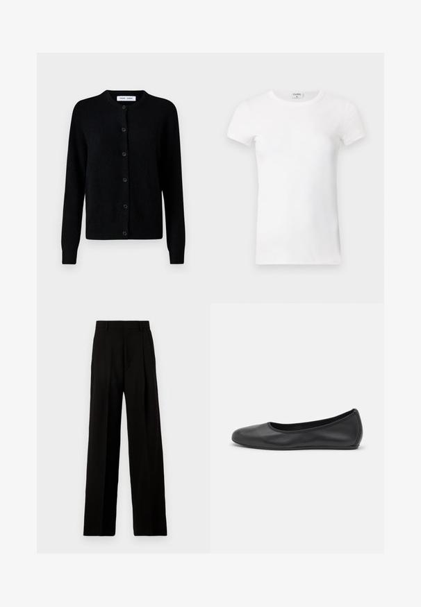 Svart strikket cardigan med rund hals, knappelukking foran, lange ermer, ribbestrikkede mansjetter og nederkant, laget av myk ullstoff.; Hvit stripete kortermet T-skjorte med rund hals. Stoffet virker glatt med en tettsittende silhuett. Merkevaren er synlig ved kragen.; Svarte vide bukser laget av glatt stoff, med høy livlinje, frontfolder og et rent, skreddersydd design uten dekorasjoner.; Svart skinnballettflatt med rund tå, glatt tekstur, minimal sømdetalj, og et fleksibelt såledesign.