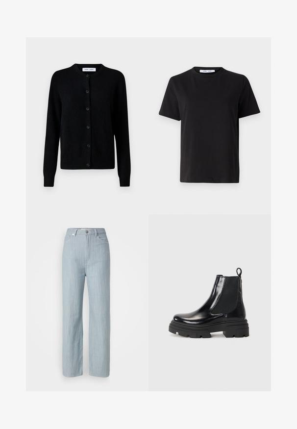 Cárdigan negro de punto con escote redondo, cierre frontal de botones, mangas largas, puños y dobladillo a rayas, hecho de suave tejido de lana.; Camiseta negra de manga corta hecha de algodón suave, con un cuello redondo, corte relajado y una textura lisa. Sin patrones ni gráficos visibles.; Jeans de pierna recta en azul claro, hechos de denim. Cuenta con cinco bolsillos, un cierre de botón de metal y un sutil desgastado para añadir textura.; Botas de tobillo de cuero negro con un diseño elegante, paneles laterales elásticos y una suela gruesa negra. Presentan una lengüeta en la parte trasera para facilitar su puesta.