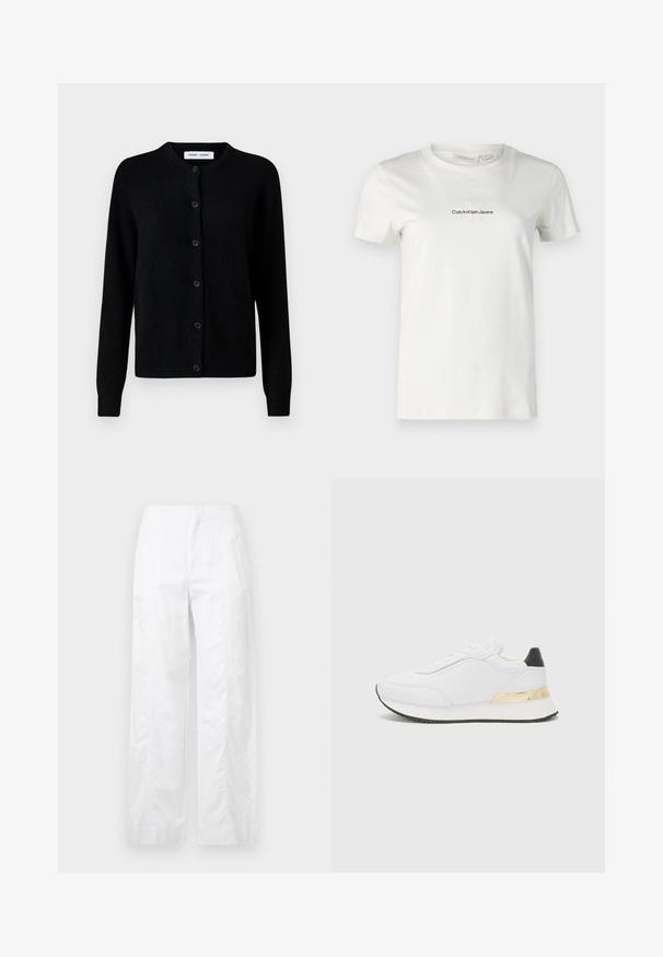 Cardigã preto de malha com decote redondo, fecho frontal com botões, mangas longas, punhos e barra canelados, feito de um suave tecido de lã.; T-shirt branca de algodão com mangas curtas, decote redondo, apresentando um pequeno logótipo bordado "Calvin Klein Jeans" em castanho escuro. Design simples.; Calças brancas de perna larga feitas de um tecido leve, com uma textura suave, linhas limpas e um design de cintura alta.; Sneaker branco com acabamento liso, apresentando um detalhe preto no calcanhar e um detalhe metálico dourado na entressola. Design com cadarço, sola de borracha.