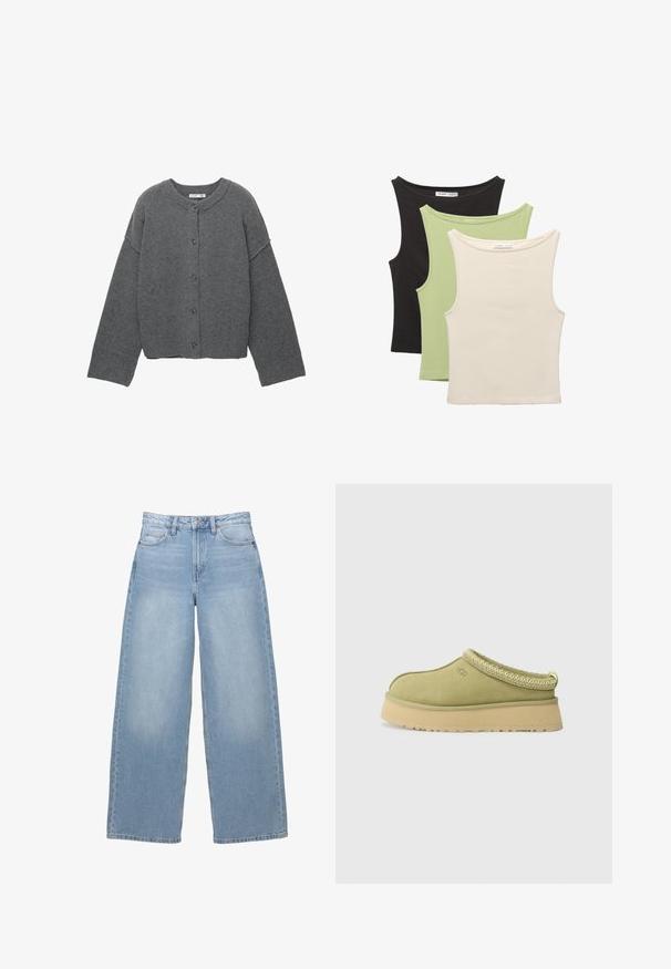 Cardigan gri tricotat cu decolteu rotund, umeri căzuți, închidere cu nasturi și manșete striate la mâneci și tiv.; Trei bluze fără mâneci în negru, verde deschis și bej. Fiecare are un decolteu rotund și o textură moale, cu nervuri.; Jeans lăcuți, cu picioare largi, din denim. Prezintă un talie înaltă, buzunare frontale și o închidere cu nasture. Textură fină cu estompare subtilă.; UGG TAZZ II - Saboţi - muted brass