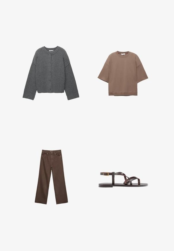 Harmaa neulottu neuletakki pyöreällä pääntiellä, lasketuilla olkapäillä, napillinen kiinnitys ja resorit hihansuuissa sekä helmassa.; Ruskea ylisuurikokoinen t-paita, lyhyet hihat, pyöreä pääntie, valmistettu pehmeästä puuvillakankaasta, yksinkertainen muotoilu ja minimimäärä saumoja.; Leviittävät ruskeat farkut, jotka on valmistettu denimistä, korkea vyötärö, etutaskut ja klassinen nappikiinnitys. Silkkinen pinta hienovaraisella ompelutyöllä.; Ruske kožne sandale s križnim trakama, zatvaranjem na kopču oko gležnja i ravnim potplatom s minimalnim detaljima šivanja.