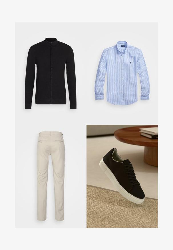 Maglione zip-up nero con collo alto. Realizzato in materiale a maglia testurizzato. Maniche lunghe e taglio dritto con polsini e orlo a coste.; Camicia a maniche lunghe a righe bianche e blu in cotone, con colletto button-down, bottoni frontali e un piccolo logo ricamato sul petto.; Pantaloni beige con una texture liscia, taglio dritto, due tasche posteriori con bottoni e vita standard.; Sneaker nero con suola bianca che flotta sopra un tappeto beige testurizzato vicino a un tavolo rotondo in legno con libri impilati.