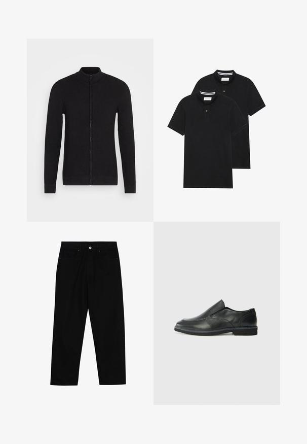 Melna zip-up džemperis ar stāvu apkakli. Izgatavots no teksturēta adījuma materiāla. Garas piedurknes un taisns griezums ar ribota materiāla aprocēm un apakšmalu.; Divas melnas polo krekli, īsām piedurknēm, no kokvilnas materiāla, ar klasisku apkakli, divu pogu aizdari un balti svītroti akcenti apkakles iekšpusē.; Melni džinsi ar taisnu kāju griezumu, piecu kabatu dizainu un priekšēju pogu aizdari. Gluda tekstūra ar minimālu šuvju detaļu skaitu.; Melnas ādas slip-on kurpes ar gludu augšdaļu, izšūtām akcentiem, noapaļotu purngala daļu un zemu gumijas papēdi. Zole ar minimālu rakstu.