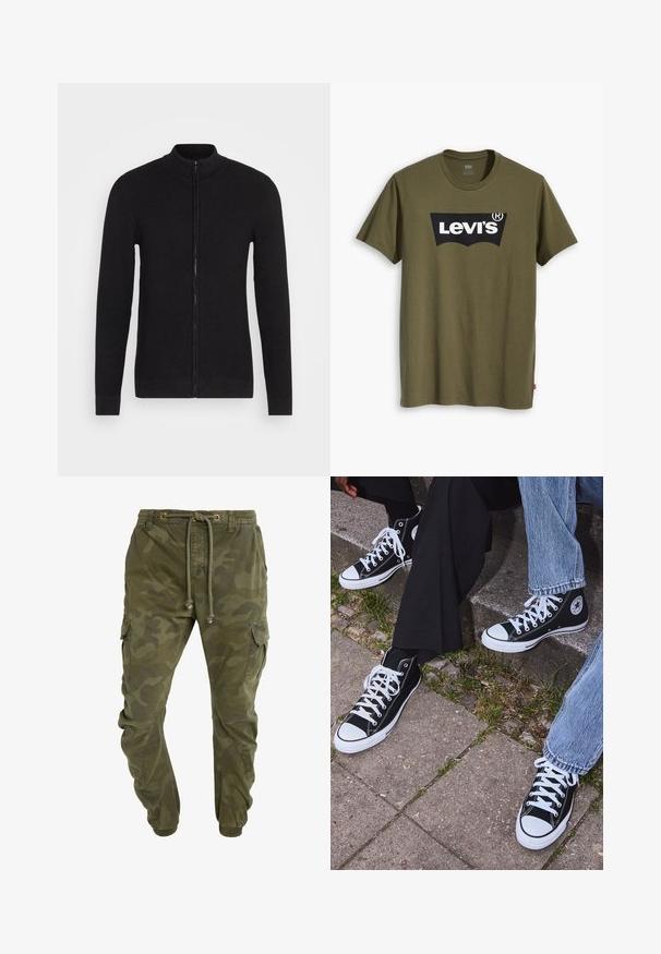 Black zip-up sweater with a stand-up collar. Made of textured knit material. Long sleeves and a straight cut with ribbed cuffs and hem.; Olive green cotton t-shirt featuring a large black Levi's logo in a contrasting semi-arched shape across the chest. Regular fit.; Camo-patterned green cargo pants with a drawstring waist, elastic cuffs, and side pockets. Made from durable fabric.; Black high-top canvas sneakers with white rubber soles and laces, featuring a circular logo on the side and paired with denim and black pants.