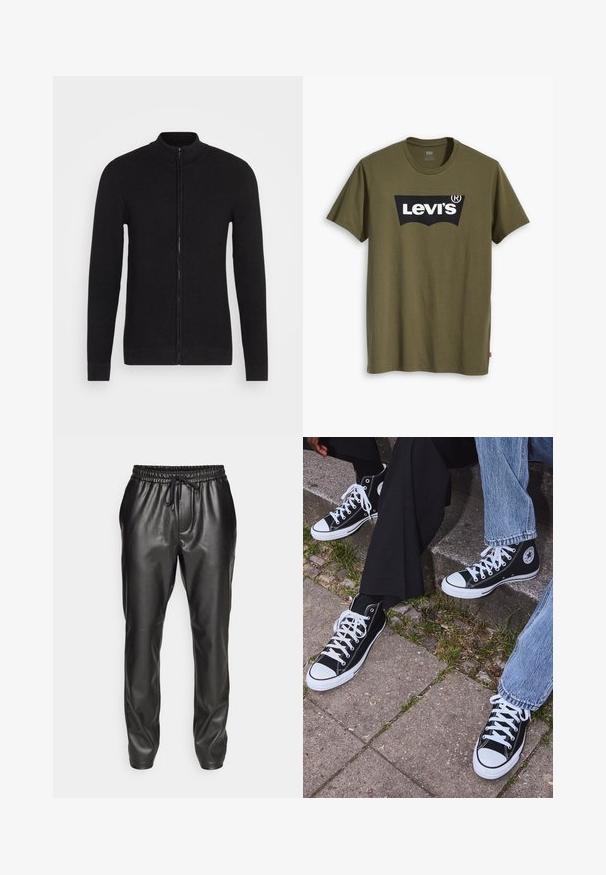 Svart hettegenser med glidelås og ståkrage. Laget av strukturert strikkemateriale. Lange ermer og rett snitt med ribbede mansjetter og kant.; Olivengrønn bomulls-t-skjorte med en stor svart Levi's-logo i en kontrasterende, halvbuet form over brystet. Normal passform.; Svarte joggebukser i lær med elastisk midjebånd og justerbar snor. Jevn tekstur, tettsittende passform og nederste kanter med mansjett.; Sorte høyre sneakers i kanvas med hvite gummisåler og snøringer, med et rundt logo på siden og kombinert med denim og sorte bukser.