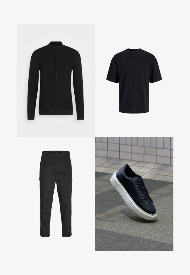 Sort zip-sweater med opretstående krave. Lavet af struktureret strikket materiale. Lange ærmer og lige skæring med ribbet mansjetter og kant.; Sort bomulds t-shirt med rund hals, korte ærmer og en afslappet pasform. Glat tekstur uden synlige mønstre eller accenter.; Sorte cargo-bukser lavet af slidstærkt stof, der har flere lommer, en knaplukning og et slim fit design med smalle ben.; Sort lædersneaker med rund tå og hvid gummisål. Har flade snørebånd og minimal syning på overdelen. Tekstureret sål for bedre greb.