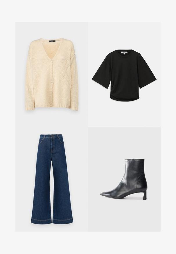 Cream-colored cardigan made of soft, textured yarn. Features a V-neck, long sleeves, and a front button closure with a single button.; Black short-sleeve t-shirt made of soft cotton, featuring a round neckline and a relaxed fit with a subtle gathered detail at the side.; Wide-leg blue denim jeans with a high waist, featuring a button closure, belt loops, and subtle stitching details along the pockets and hems.; Black leather ankle boot with a pointed toe and a sleek design. Features a low heel and a zipper closure at the back. Smooth texture.