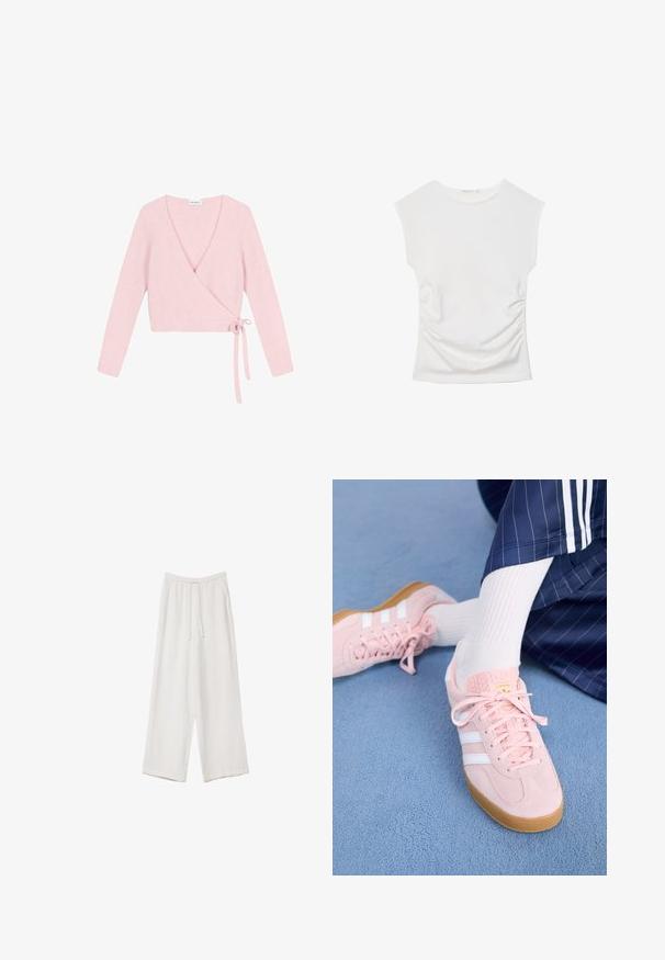 Zavinovací sveter vyrobený z mäkkého, svetloružového materiálu. Má dlhé rukávy, hlboký výstrih do V a bočné viazanie. Textúrovaný s chĺpkovým povrchom.; Biely bezrukávový top s okrúhlym výstrihom a jemným naberaním na bokoch, zobrazený rovno na bielom pozadí.; Biele široké nohavice vyrobené z ľahkej tkaniny. Obsahujú elastický pás so sťahovacou šnúrkou a bočné vrecká. Hladká textúra.; Svetloružové semišové tenisky s bielymi pruhmi a šnúrkami, s textúrovaným jazykom a gumenou podrážkou, umiestnené na modrom koberci.