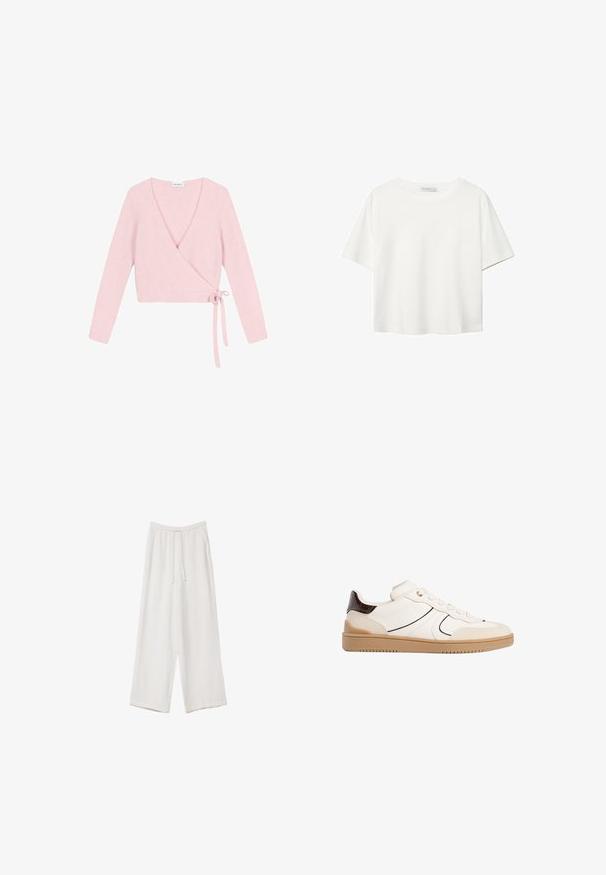 Svetr s obálkou z jemného, světle růžového materiálu. Obsahuje dlouhé rukávy, hluboký výstřih do V a zapínání na uzel na boku. Textura s načechraným povrchem.; Bílý krátký rukáv tričko vyrobené z bavlny. Má kulatý výstřih a volný střih. Hladký materiál bez viditelných vzorů nebo akcentů.; Bílé široké kalhoty vyrobené z lehké tkaniny. Mají elastický pas se šňůrkou a boční kapsy. Hladká textura.; Stradivarius Tenisky - white
