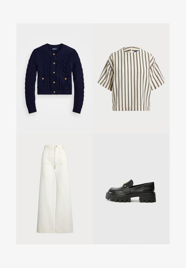 Mørkeblå strikket cardigan med kabelmønster, med gullknapper og to frontlommer. Kort lengde, ribbestrikkede mansjetter og hem.; T-skjorte med korte ermer, stripet i kremfarge og marineblå, med rund hals og en boxy design i en strukturert stoff.; Vidde bukser i off-white denim. Høyt liv-design med knappelukking, to frontlommer og kontrastsøm detaljer.; Sorte skinnloafers med en kraftig såle, med en gulltoneakcent foran og en jevn finish. Kraftig mønsterdesign på sålen.
