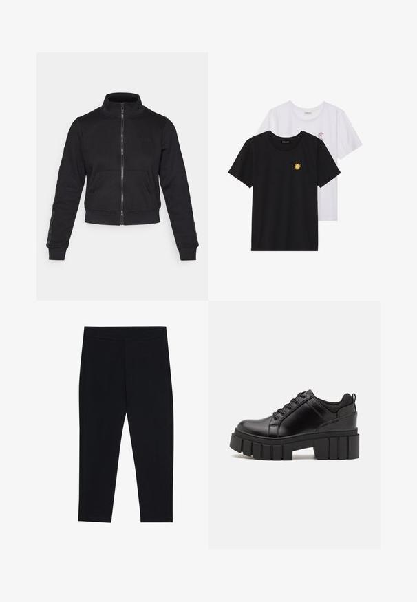 Guess STACIE FULL ZIP SWEATSHIRT - Sweatjakke - jet black; Svarte og hvite T-skjorter, rund hals, korte ermer. Den svarte T-skjorten har gul brodering av en sol; den hvite har lilla halvmåne-detaljer.; Sorte leggings laget av stretchy stoff, med elastisk midjebånd og en glatt tekstur. Ingen synlige mønstre eller maskinvare detaljer.; Svarte lærplattformsko med kraftig blokkhell, rund tå og tradisjonell snøring. Har en jevn tekstur og minimal detaljering.