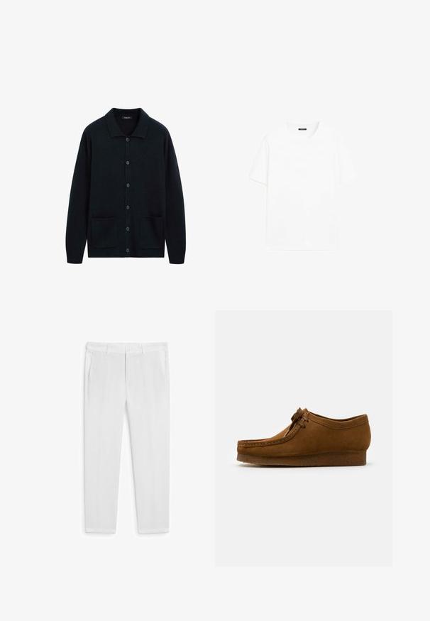 Ciemnoniebieski kardigan zapinany na guziki, wykonany z miękkiej tkaniny, z usztywnionym kołnierzem, dwiema przednimi kieszeniami oraz luźnym krojem.; Biały bawełniany t-shirt z krótkimi rękawami, okrągłym dekoltem i prostym krojem. Gładka faktura bez widocznych wzorów czy akcentów.; Białe lniane spodnie o prostym kroju, z dwoma przednimi kieszeniami i zapięciem na guzik. Gładka faktura, bez widocznych wzorów czy akcentów.; Brązowy zamszowy but z okrągłym noskiem i niskim obcasem, z ozdobnymi stębnowaniami wzdłuż szwów oraz sznurowanym przodem. Miękka tekstura z eleganckim designem.