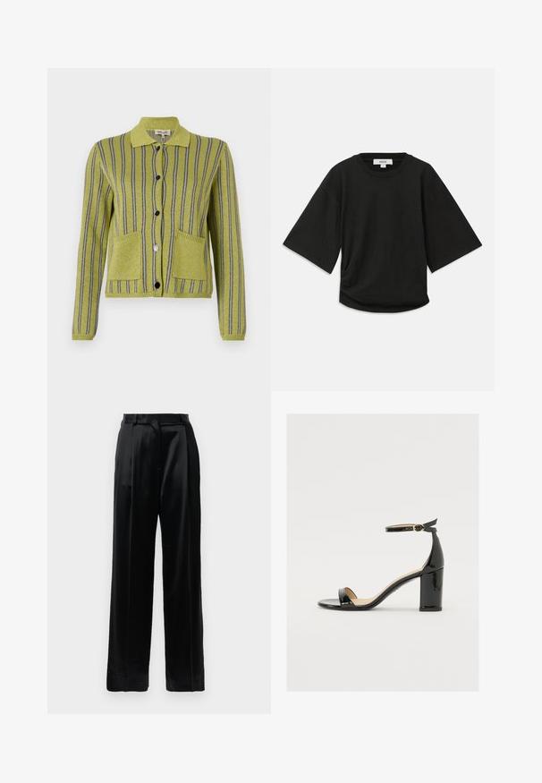 Cardigan verde în dungi, cu un guler, având dungi verticale albastre și argintii, două buzunare frontale și nasturi negri.; Tricou negru cu mânecă scurtă, fabricat din bumbac moale, cu un decolteu rotund și o croială lejeră, având un detaliu subtil plisat pe lateral.; Pantaloni negri din satin, cu talie înaltă, picioare drepte și largi, cu bucle pentru curea și închidere plată, pe un fundal alb simplu.; Sandal cu toc lat din piele lacuită neagră, cu vârf deschis și curea pentru gleznă, având o cataramă aurie. Textură netedă și design elegant.