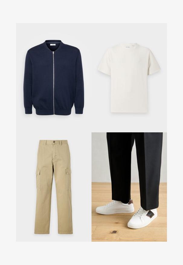 Tumesinine kootud kardigan, millel on soonikkoes krae ja varrukad, hõbedane lukuga kinnitamine ja mõnusalt vabalt lõige. Sile tekstuur, minimalistlik disain.; Valge lühikeste varrukatega T-särk ribakudumises. Ümar kaelus, mugav lõige, nähtavad mustrid ega aksessuaarid puuduvad. Lihtne ja mitmekesine disain.; Beige cargos, mis on valmistatud puuvillast, sisaldavad kahte küljetaskut, nööbiga sulgemist ja sirgeid jalgu, millel on kergelt tekstureeritud kangas.; Valged sneakersid siledat tekstuurist, millel on pruunad nahast detailid ja mustad aksessuaarid, millele on sobitatud mustad kohandatud püksid. Puitpõranda taust.