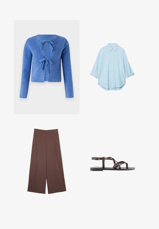 Plavi pleteni kardigan s teksturiranim završetkom, s dva prednja mašnica za zatvaranje i dugim rukavima. Dizajn s otvorenim prednjim dijelom.; Svijetloplava košulja od mekog materijala, s klasičnim okovratnikom, dugmadi sprijeda i podvrnutim rukavima za ležeran izgled.; Smeđe hlače širokog kroja s glatkom teksturom, koje imaju visok struk i nabore sprijeda. Tkanina je lagana i slobodno se kreće.; Smeđe kožne sandale s iskrižanim trakama, umetkom za zapešće s kopčanjem i ravnim potplatom s minimalnim detaljima šivanja.