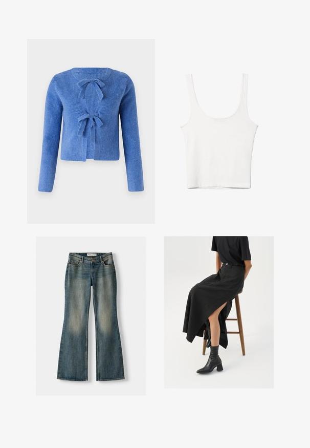 Cardigan blu lavorato a maglia con una finitura testurizzata, dotato di due fiocchi frontali per la chiusura e maniche lunghe. Design con apertura frontale.; Top in cotone bianco senza maniche, con scollatura ampia e linea aderente. Tessuto liscio, design semplice e dettagli di cucitura minimi.; Jeans flare blu con lavaggio sbiadito, cinque tasche e chiusura con bottone. Il materiale presenta una trama in denim con dettagli di cucitura sottili.; Gonna maxi in lino nera con uno spacco alto, indossata con una t-shirt nera e stivaletti neri. Design minimalista con una vestibilità rilassata.