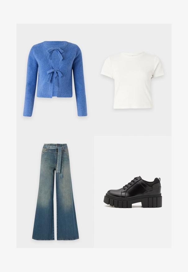 Blue knitted cardigan with a textured finish, featuring two front bows for closure and long sleeves. Open front design.; Short white t-shirt made of cotton with short sleeves, a round neckline, and a straight hem, featuring a smooth texture and minimal design.; Wide-leg denim trousers featuring a light to dark blue gradient, high waist, belt loops, and a matching fabric belt. Textured denim finish.; Black leather platform shoes with a chunky block heel, round toe, and traditional lace-up design. Features smooth texture and minimal detailing.