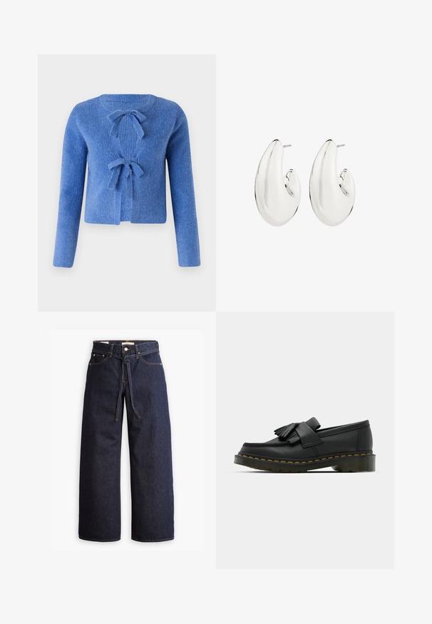 Modra pletena jopica z teksturiranim zaključkom, ki ima dva sprednja mašna za zapiranje in dolge rokave. Oblikovana z odprtim sprednjim delom.; Kratke rokave, svetlo smetanasto bluzo z okroglo ovratnikom, izdelano iz mehkega blaga. Ima sproščen kroj in gladko teksturo, primerno za plastenje.; Široke temno modre kavbojke z visokim pasom, ki imajo vrvico za zavezovanje, pet žepov in kontrastne šive.; Črne usnjene loafer čeveljce z zaobljenim prstom, okrašene s frufrum in dekorativnim trakom spredaj, postavljene na debelo peto.; Srebrnasti uhani z podolgovatim, ukrivljenim dizajnom. Gladka, odbojnika površina s preluknjano zatičem.