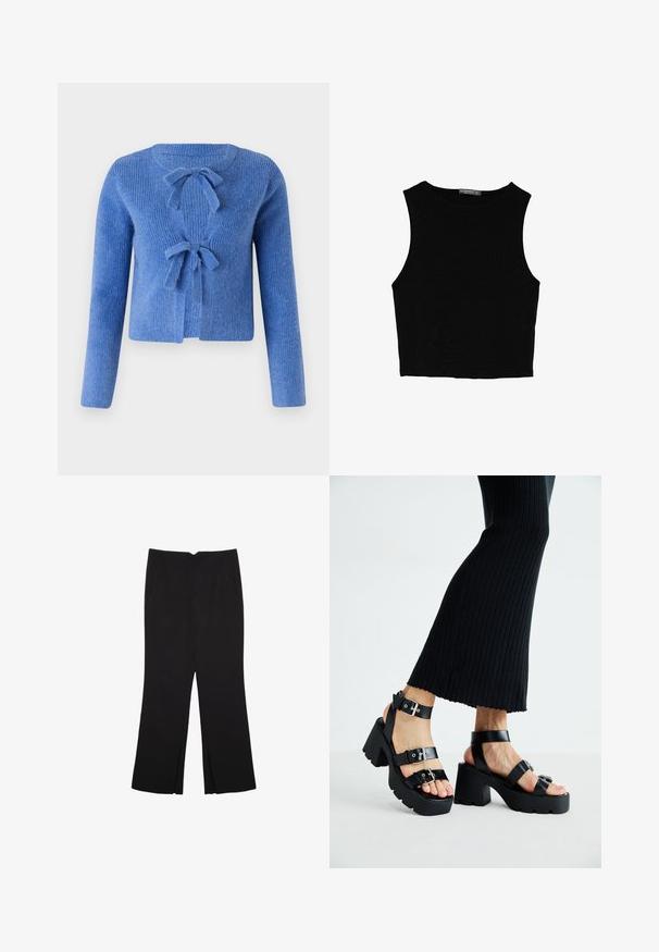 Modrý pletený kardigan s texturovaným povrchem, s dvěma předními mašlemi pro zapínání a dlouhými rukávy. Design s otevřeným předním dílem.; Černý bezsleeve crop top vyrobený z hladké tkaniny, s kulatým výstřihem a čistým, jednoduchým designem bez vzorů nebo kovových doplňků.; Černé kalhoty s rovným střihem, s předními kapsami a bočními rozparky na lemu. Vyrobené z jemné, hladké tkaniny. Vhodné na různé příležitosti.; Černé platformové sandály s robustními podrážkami a několika řemínky, s kovovými sponami a hladkým koženkovým povrchem.