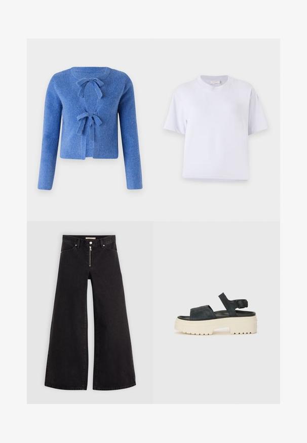 Blå strikket cardigan med en tekstureret overflade, der har to forreste sløjfer til lukning og lange ærmer. Åben frontdesign.; Hvid bomulds t-shirt med en afslappet pasform, korte ærmer, rund hals og ingen synlige mønstre eller udsmykninger. Glat struktur.; Vide ben jeans i sort denim med lynlås foran, fem lomme-design og subtile stikninger. Glat tekstur og afslappet stil.; Sorte ruskinds platform sandaler med en kraftig hvid sål, bred frontrem og justerbar ankelrem. Tekstureret ydersål for godt greb.