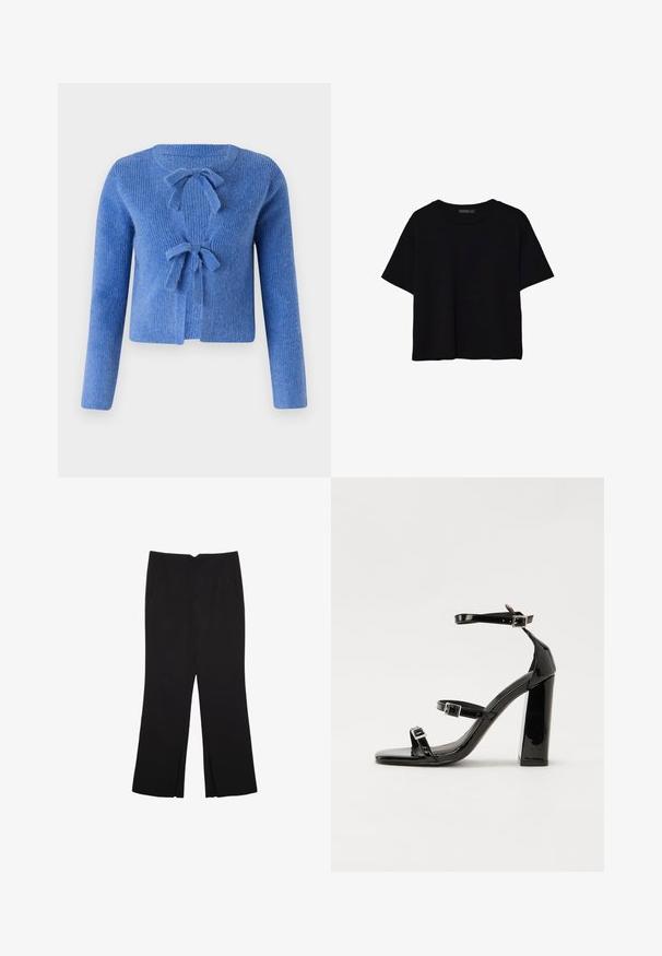 Cardigan bleu en tricot avec une finition texturée, doté de deux nœuds à l'avant pour la fermeture et de manches longues. Design à ouverture frontale.; T-shirt noir à manches courtes coupé, avec encolure ronde et design simple, étalé à plat sur fond blanc.; Pantalon noir avec une coupe droite, doté de poches avant et d'éclairs sur l'ourlet. Fabriqué en tissu doux et lisse. Convient à diverses occasions.; Sandales à talons hauts en cuir verni noir avec deux brides à boucles, bout carré et talon bloc épais, présentant une texture lisse et brillante.