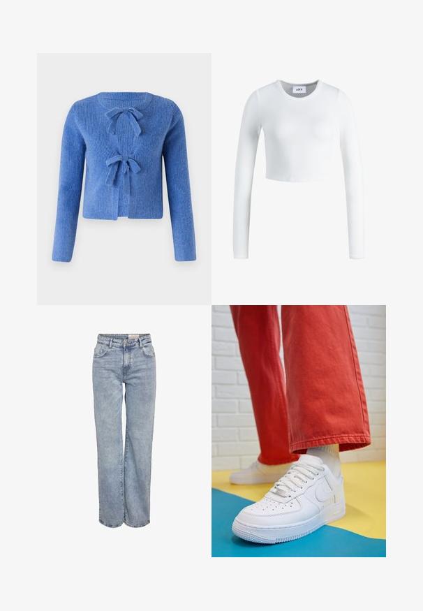 Kék kötött kardigán, texturált felülettel, elöl két masnival záródik és hosszú ujja van. Nyitott elülső kialakítás.; Fehér, hosszú ujjú, crop top, bordázott anyagból készült. Kerek nyakkivágással és testhezálló fazonnal rendelkezik. Címke látható a nyaknál.; Világoskék, bő szárú farmernadrág, magas derékkal, öt zsebes kialakítással és finom kopással, amely megadja a viselt megjelenést.; Fehér bőr edzőcipő perforált orral, texturált talppal és fehér fűzővel, széles vörös nadrággal párosítva, kék és sárga háttérrel.