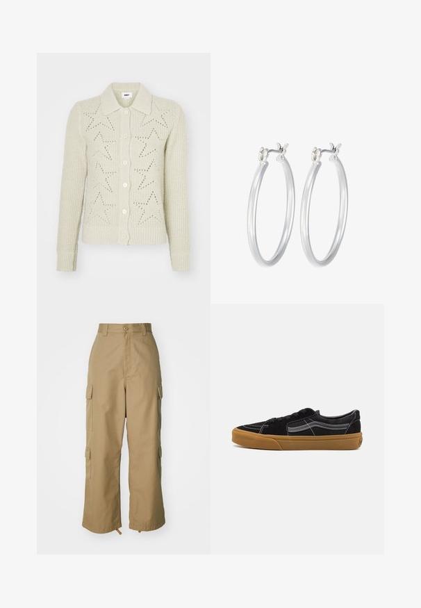 Bežs adīts kardigans ar apkakli, pogājamā priekšpuse un zvaigžņu izgriezumi. Ribotie piedurkņu un apakšmalas gali uzlabo tekstūru.; Melnas garām piedurknēm top ar ribota tekstūra, augstu kakla izgriezumu un mazu izšūtu logotipu kreisajā krūtīs. Iezīmēta pieguļošā īsajā dizainā.; Bēša kravas bikses ar augstu jostasvietu, platām kājām un četriem lieliem sānu kabatām. Izgatavotas no izturīgas auduma ar gludu tekstūru un minimālām detaļām.; Melnbra zamša sporta apavi ar baltām šuvēm un raksturīgo sānu strīpu, ar brūnu gumijas zoli un zemu dizainu. Saistīti ar melnām šņorēm.; Sudraba riņķveida auss gredzeni ar gludu, pulētu apdari. Apaļa forma un drošs klikšķa augšējais slēgums. Viegls dizains, kas piemērots ikdienas valkāšanai.